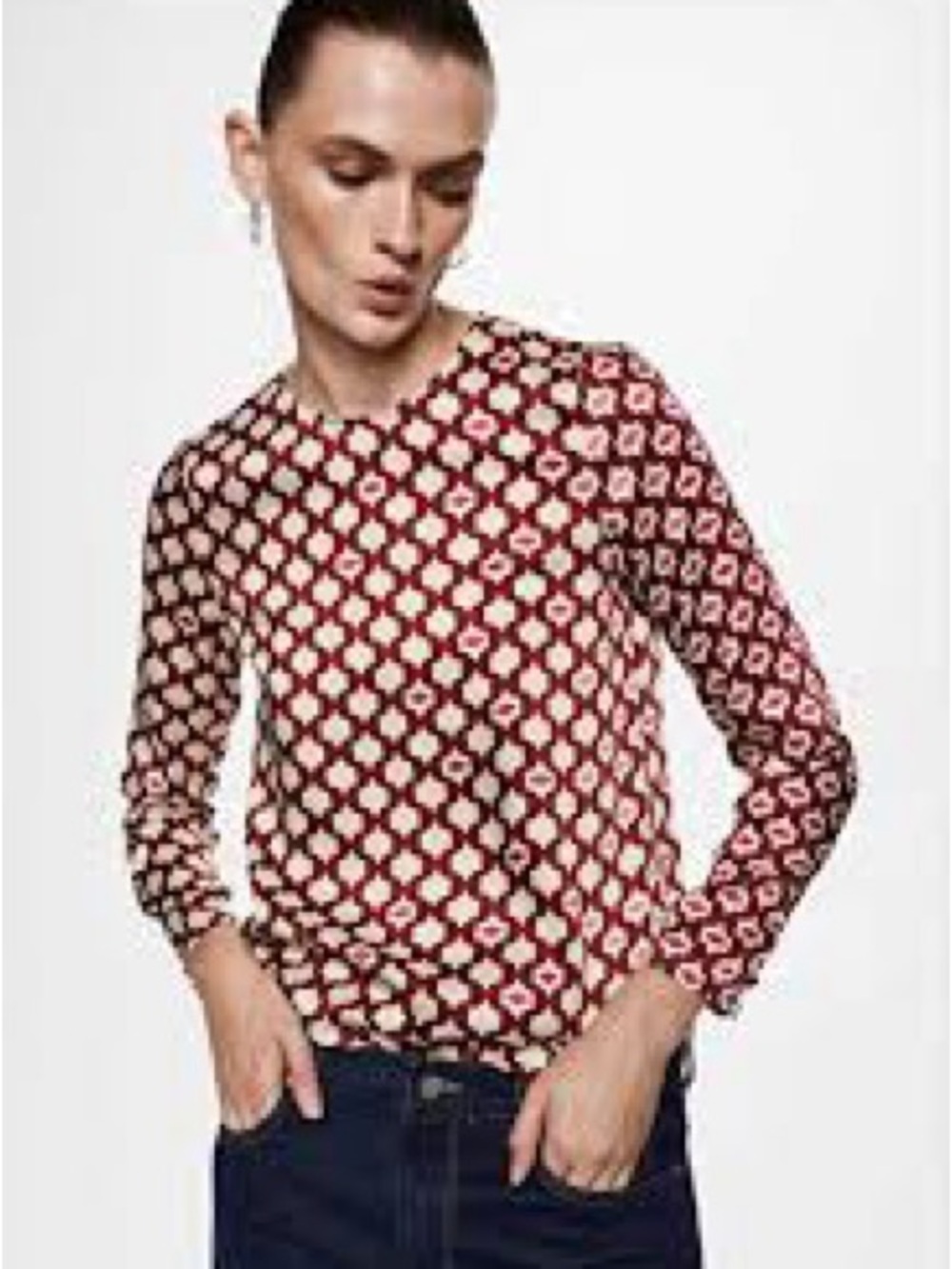 Mango Red & Cream Geometric Long-Sleeve Shirt